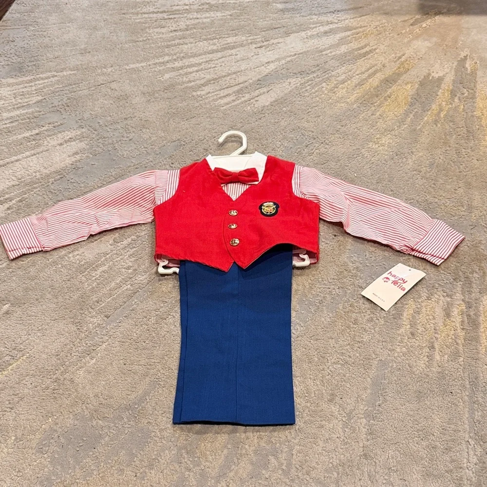 Vintage Toddler Boy 4 Pc Shirt Vest Pant Bowtie Pinstripe 2t happy Fella USA new